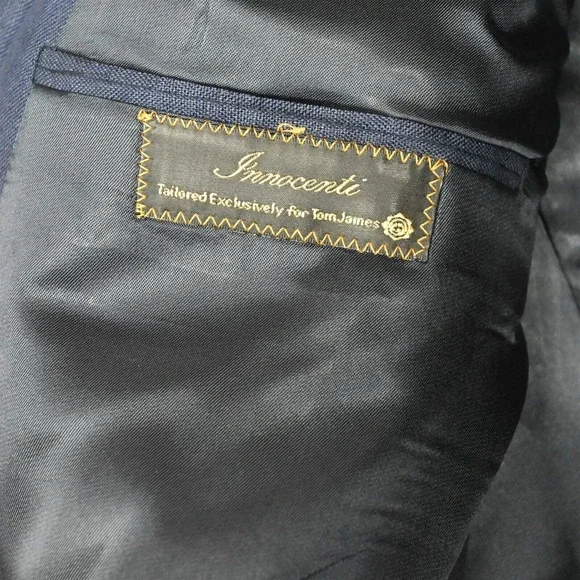 Innocenti Tom James 54R Navy Blue Gold Button Linen Blazer Jacket Sport Coat